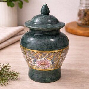 WBI Green Raised Porcelain Floral Chinese Lidded Ginger Jar 5.5” tall Vintage